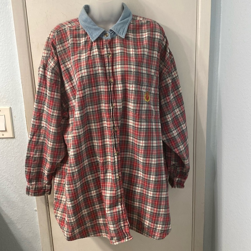 Vintage Forelli Denim Collar Windowpane Plaid Button Down Size 22/24